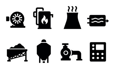 Industrial equipment silhouette icon set. machinery and factory tool symbols