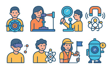 Science education flat icon set. learning and knowledge symbols for teaching