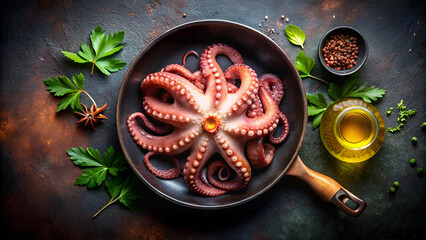 Cooked Octopus in a Pan with Herbs and Olive Oil