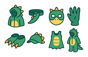 Dinosaur costume icon set in flat style. prehistoric and jurassic symbols collection