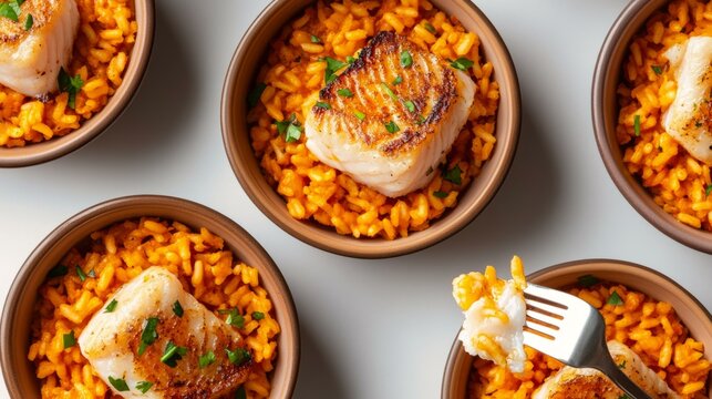  Traditional Portuguese arroz de tamboril with grilled fish in bowls, vibrant and delicious coastal main course