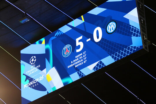 Final score (5-0) of the UEFA Champions League Final 2025 game Paris Saint-Germain v Inter seen at the scoreboard of Munich arena