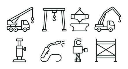 Construction tools linear icon set. building and engineering equipment symbols