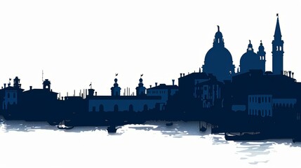 Obraz premium Venice skyline silhouette in navy blue, iconic Italian architecture reflected in calm water