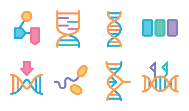 Science and genetics flat icon set. biology and dna symbols for educational use