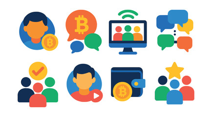 Flat vector icons of the crypto community: user with coin badge, crypto forum symbol, online meetup icon, decentralized chat, DAO group vote, crypto influencer avatar, social wallet tag, community
