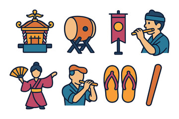 Japanese culture flat icon set. traditional, heritage, cultural symbols