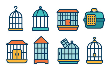 Birdcage and pet carrier icon set in flat style for pets and animal care visuals