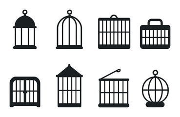 Birdcage silhouette icon set. avian enclosure and pet cage symbols