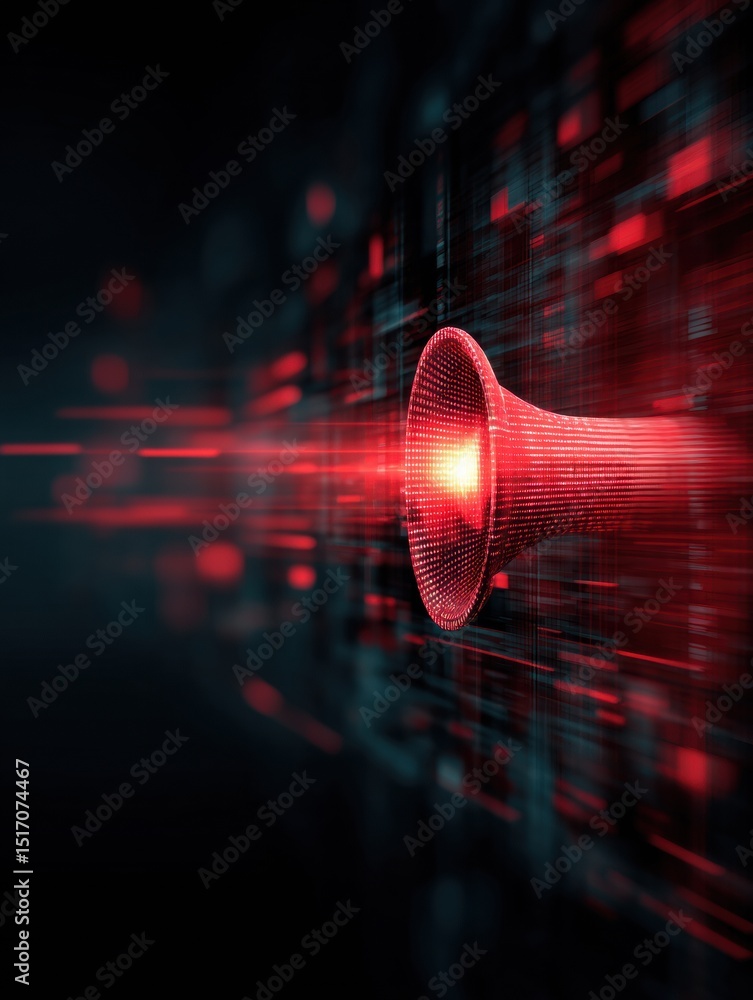 Poster red alert siren graphic in digital space with fading elements illustrating urgency and alertness in 