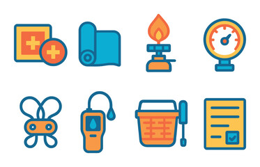 Camping and outdoor flat icon set: hiking, adventure, and exploration symbols