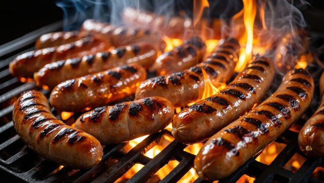 Delicious grilled sausages on a barbecue grill