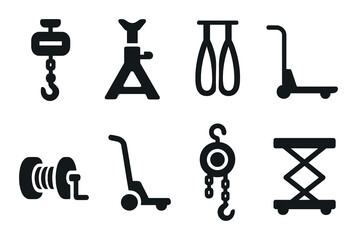 Industrial equipment silhouette icon set. machinery and tools symbols