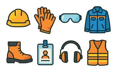 Safety equipment flat icon set. protective gear and workwear symbols for industry use