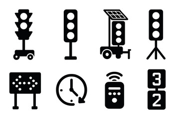 Traffic and road safety silhouette icon set. transportation and warning symbols