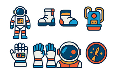 Flat vector icons of space suits and helmets: EVA suit, astronaut boots, visor reflection, oxygen supply pack, glove controls, space gloves, helmet close-up, suit patch.