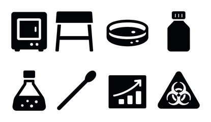 Laboratory equipment silhouette icon set. science and research symbols