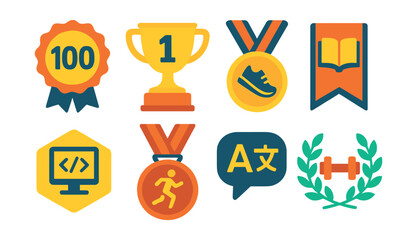 Flat vector icons of milestone celebration awards: completing 100 tasks badge, reaching one-year anniversary trophy, 10k steps per day medal, reading challenge finisher ribbon, coding streak