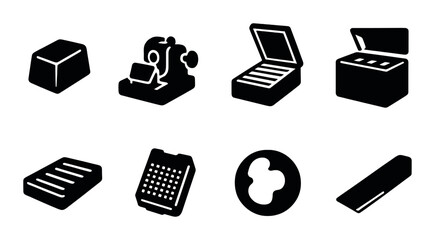Business tools silhouette icon set. office, work, and productivity symbols