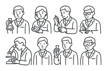 Scientists and laboratory flat icon set. research and experiment symbols