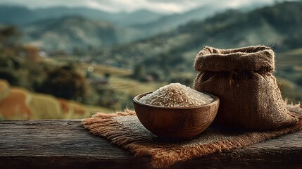 Obraz premium A wooden bowl of uncooked white rice sits beside a burlap sack against a scenic mountain backdrop.