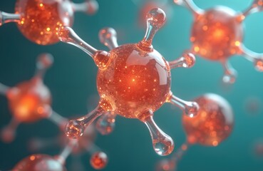 Microscopic illustration antioxidant molecules neutralize free radicals. Science tech render in vibrant colors. Biology, chemistry, medicine, health care, anti-aging research concept.