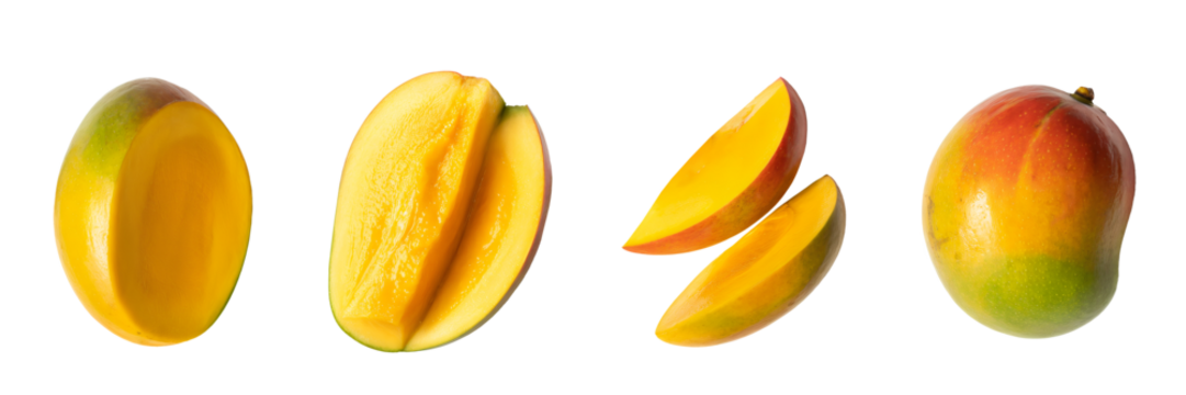  Mango variations with sliced and peeled fruit.