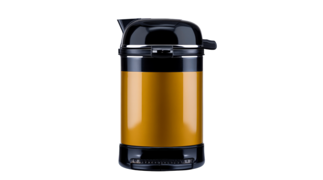 Shiny golden thermos flask for hot drinks, cut out transparent