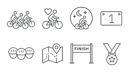 Cycling and sports linear icon set. fitness and outdoor activity symbols