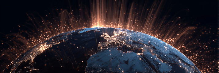 a stylized globe with glowing MSME clusters lighting up across developing regions, beams of light connecting continents, painterly Arcane animation, global energy and potential rising