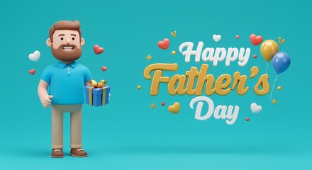 Cartoon dad holding a gift with balloons and happy father's day message on a blue background