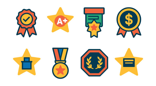 Flat vector icons of academic ratings: top grade badge, A+ performance star, best project award icon, scholarship excellence rating, best presentation star, outstanding thesis medal, academic merit