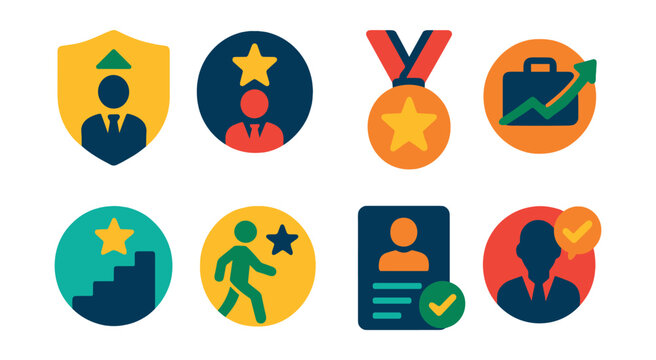 Flat vector icons of career growth ratings: leadership training top badge, executive coaching achievement star, career mentorship excellence medal, job promotion milestone badge, career transition