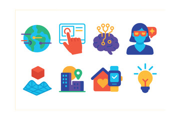 Flat vector icons of the future of AR: real-world data streams, holographic UI icon, brain-computer interface, AI assistant in AR, 3D environment mesh, augmented cityscape, smart lifestyle icon,