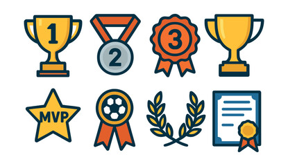 Flat vector icons of sports awards: first place trophy, second place silver medal, third place bronze badge, champion’s cup icon, MVP (most valuable player) award, best goal scorer ribbon, team