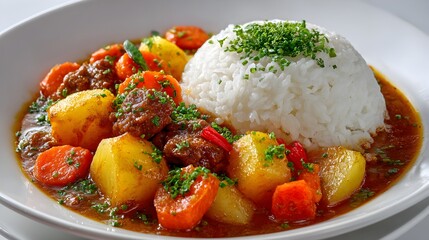 A delicious and hearty beef stew with potatoes carrots and rice is served on a white plate for a comforting meal.