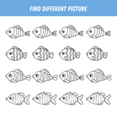 Find different fish each row. Logical game for kids. Cartoon fish in doodle style. Vector