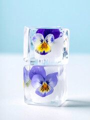 Two clear ice cubes with vibrant purple and yellow edible pansy flowers frozen inside, stacked on a light blue background.