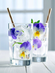 Two refreshing glasses of ice water garnished with edible purple and yellow pansy flowers and paper straws on a white wooden table with natural light.