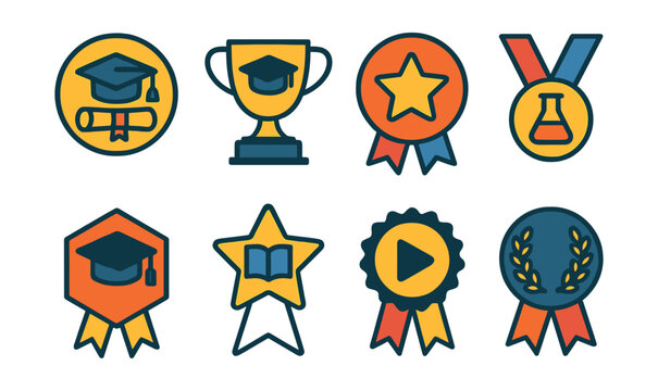 Flat vector icons of academic achievements: finishing undergraduate studies badge, completing master&rsquo;s degree trophy, achieving academic excellence medal, winning research grant ribbon, graduating