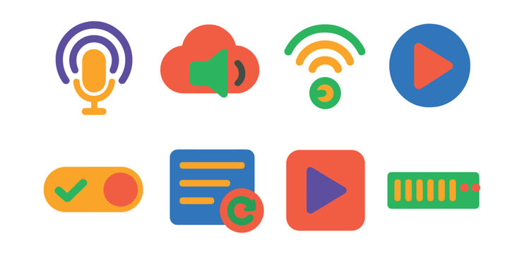 Flat vector icons of podcast streaming and delivery: podcast stream icon, cloud audio stream, Wi-Fi sound wave, play episode icon, autoplay toggle, playlist stream, background playback, buffer bar.
