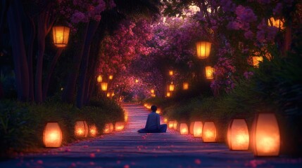 Woman in meditation sits on pathway lined with lantern light in blooming blossom tunnel at twilight, tranquil and serene.