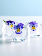 Clear ice cubes with vibrant purple and yellow edible pansy flowers frozen inside, stacked on a light blue background.