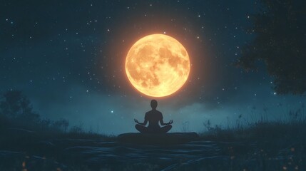 Silhouette of a person meditating under a large, glowing moon, set against a night sky filled with twinkling stars