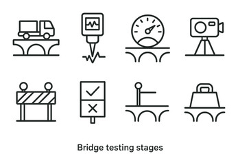 Bridge testing stages icon set in linear style with infrastructure and engineering symbols