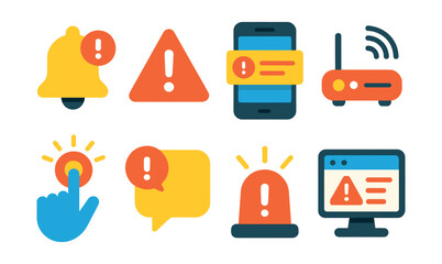 Flat vector icons of IoT alert systems and notifications: warning bell icon, critical alert symbol, push notification on phone, device malfunction alert, safety trigger icon, SMS alert bubble,