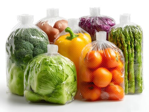 Fresh vegetables and potatoes are packaged in clear plastic bags for grocery store sale or market display. - Powered by Adobe
