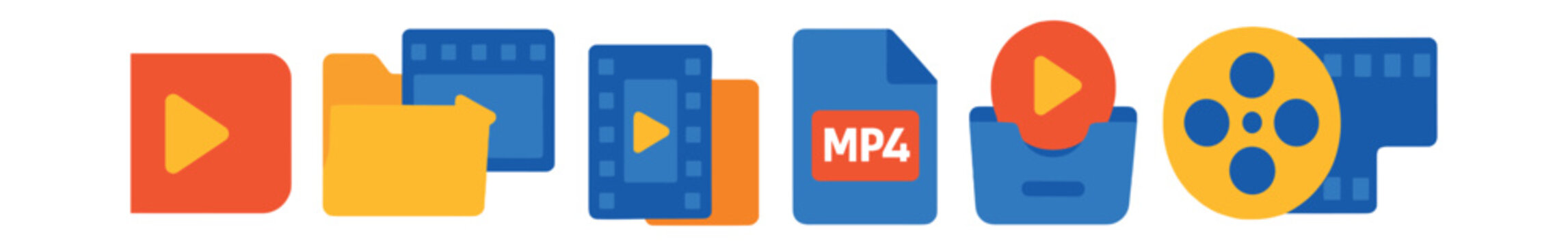 Flat vector icons of video clips and media assets: video clip icon, scene folder, b-roll footage, file format symbol, footage library, asset bin, raw footage reel, clip stack.