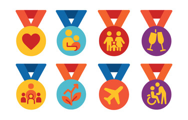 Flat vector icons of relationship and family medals: best partner badge, parenthood milestone medal, family traditions champion medal, anniversary celebration badge, community family leader medal,