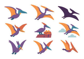 Pterodactyl flat icon set. dinosaur-themed graphic symbols for design